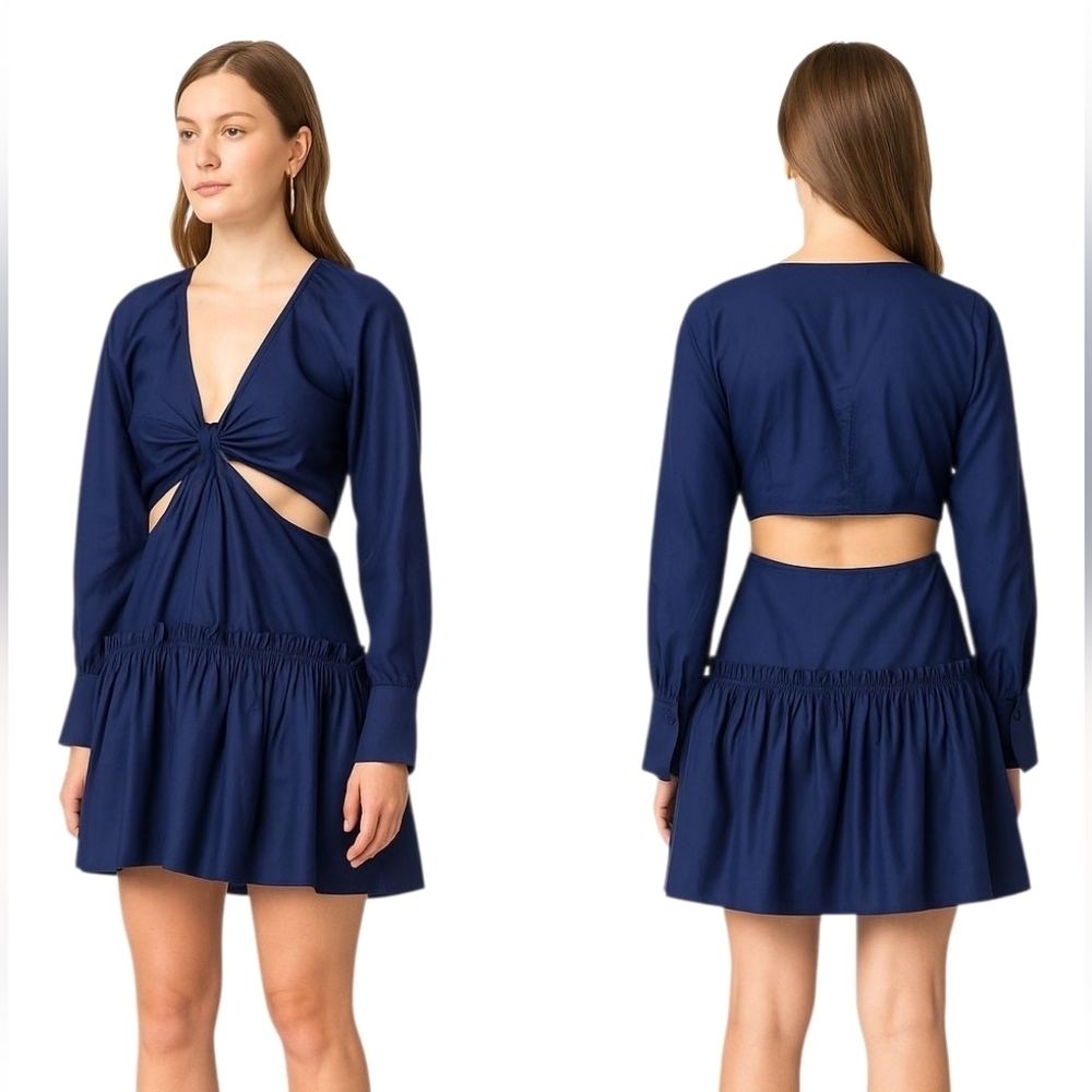 Jason Wu Poplin Long Sleeve Cut Out Mini Dress Navy Blue XS